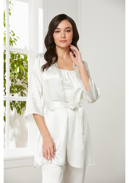 Kadife Saten 3'lü Pijama Takım - 2075 Ekru