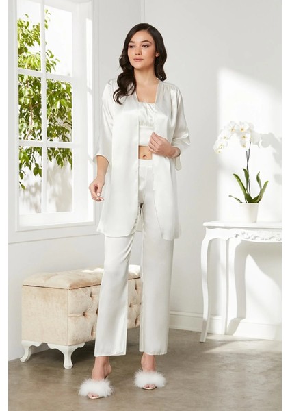 Kadife Saten 3'lü Pijama Takım - 2075 Ekru