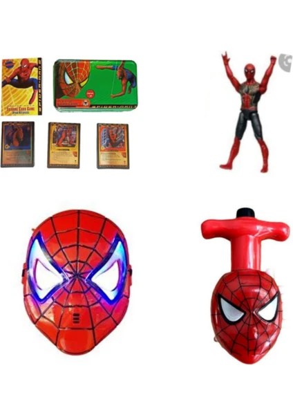 Spiderman Işıklı Figür, Işıklı Maske, Işıklı Sesli Topaç ve 55 Kartları 4 Ürün Birden Spiderman Set