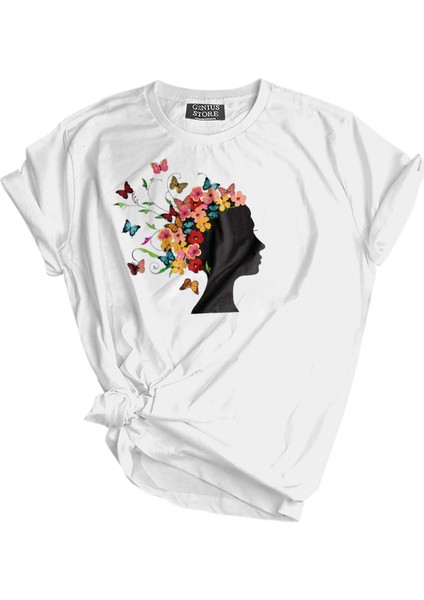 Erkek Tişört Baskılı Outdoor T-Shirt-Kadın Çiçek Beyaz