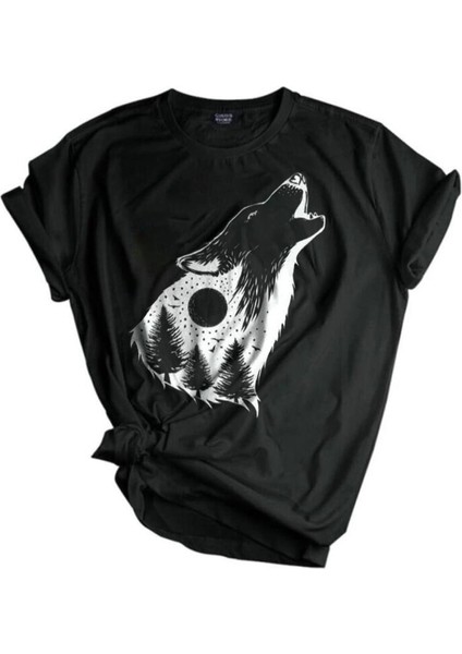 Erkek Tişört Baskılı Outdoor T-Shirt-Kurt Siyah