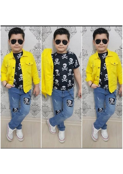Gabardin Ceketli Kuru Kafa Tasarımlı Erkek Çocuk Kot Kombin - Sarı fiyatları
