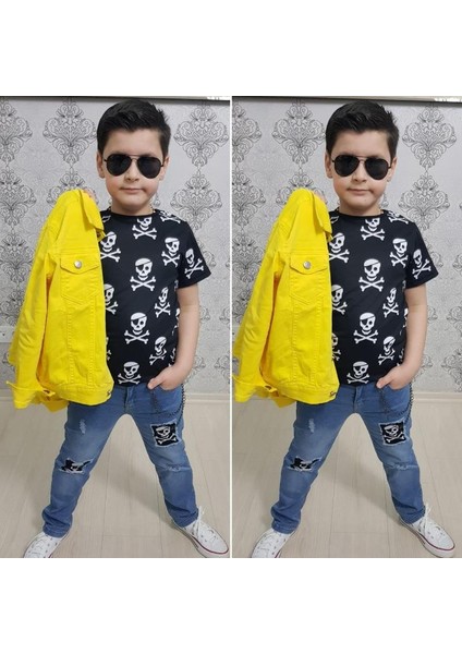 Gabardin Ceketli Kuru Kafa Tasarımlı Erkek Çocuk Kot Kombin - Sarı fırsatları