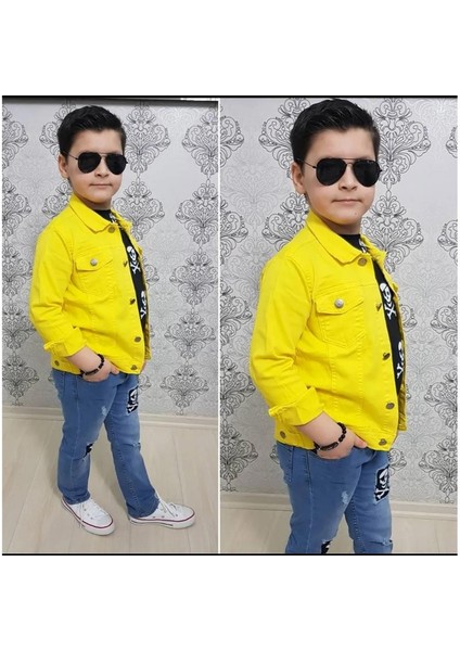 Gabardin Ceketli Kuru Kafa Tasarımlı Erkek Çocuk Kot Kombin - Sarı indirimleri