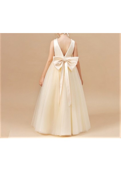 kidslife Inci Detaylı Ekru Kız Çocuk Balo Doğum Günü Mezuniyet Parti Abiye Elbise modelleri