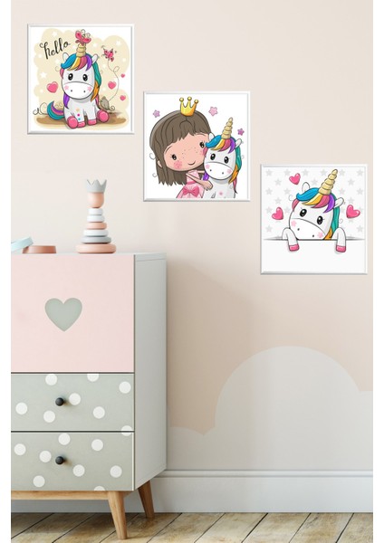 Üçlü Çocuk Odası Alüminyum Beyaz Metal Çerçeveli Camlı Kids Poster Tablo Seti