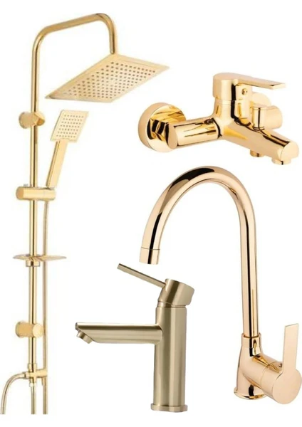 Gold Robot Duş Sistemi Mutfak Eviye Banyo ve Lavabo Musluğu Bataryası 4’lü Set