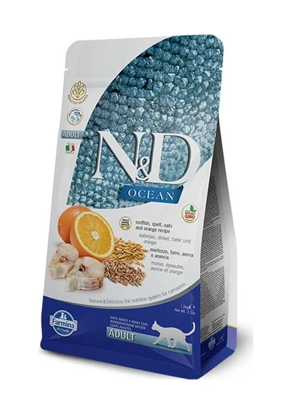 N&d Düşük Tahıllı Ocean Morina Balıklı ve Portakallı Yetişkin Kedi Maması 1 Kg. Metal Açk. Pkt.