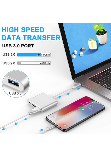 USB Type-C To HDMI ve USB 3.0 Adaptör 4K/30Hz HDMI 3'ü 1 Arada USB C