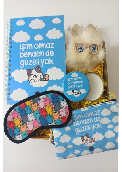 Işim Olmaz Benden De Güzeli Yok Defter, Kokulu Mum, Göz Bandı,kedi Anahtarlık, Kalemlik Hediye Seti