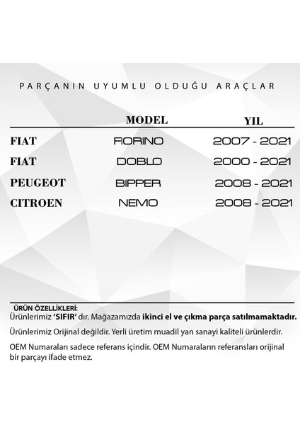 Fiat Fiorino, Peugeot Bipper, Citroen Nemo Için Yan Kalorifer Difüzörü