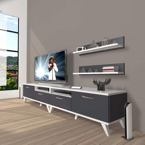 Decoraktiv Eko 200R Mdf Retro Tv Ünitesi Tv Sehpası - Beyaz - Antrasit