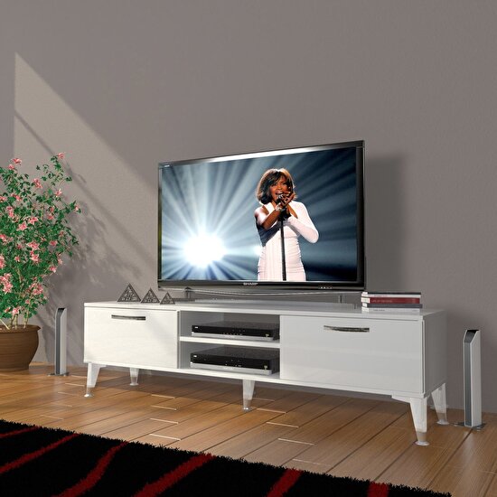 Decoraktiv Eko 140 Mdf DVD Silver Tv Ünitesi Tv Sehpası - Parlak Beyaz