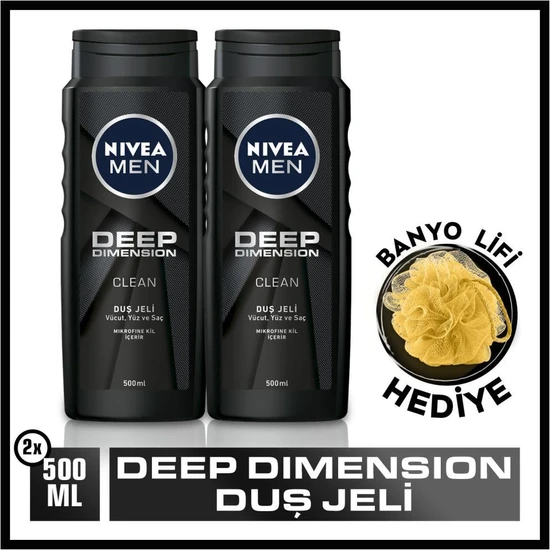 Nivea Men Deep Dimension Duş Jeli, Vücut,yüz ve Saç Şampuanı 2X500ML + Banyo Lifi