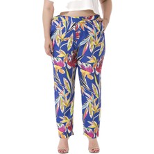 Disentis Modest Büyük Beden Beli Yan ve Arkadan Lastikli Cepli Yaprak Baskılı Saks Mavi Pantolon