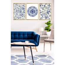 Linacci Üçlü Gold Alüminyum Metal Çerçeveli Camlı Blue Blanc Desenli Poster Tablo Seti