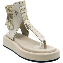 Trendytopuk Bej  Metal Taşlı Sandalet - Esmeralda