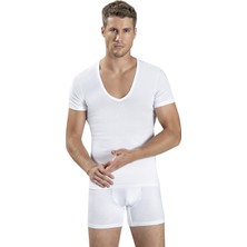 Erkek Beyaz Pamuklu Likralı V Yaka Atlet  213