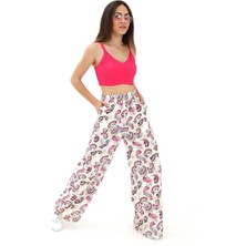 Vapur Bol Paça Renkli Baskı Keten Pantolon - Fuşya