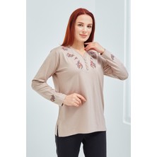 Fresh Moda Kadın Krem V Yaka Düğmeli Çiçekli Likralı Anne Penye Bluz