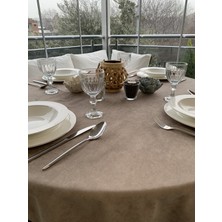 Kadife Dokulu Dertsiz Sütlü Kahverengi Koyu Bej Yuvarlak Masa Örtüsü