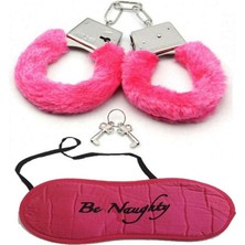 Nefertiya Pembe Renk Tüylü Otrişli Anahtarlı Peluş Kelepçe ve Pembe Uyku Bandı Seti