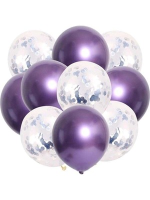 Bal10 Dünyası Gümüş Konfetili Krom Mor Balon Seti