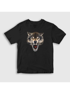 Presmono Unisex Çocuk Siyah Rage Wolf Kurt T-Shirt