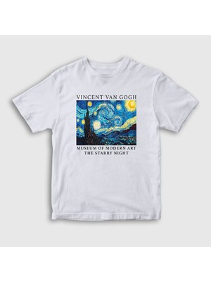 Presmono Unisex Çocuk Beyaz Starry Night V2 Art Painter Vincent Van Gogh T-Shirt