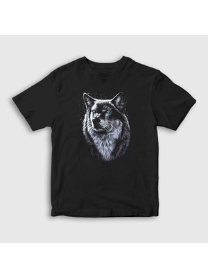 Presmono Unisex Çocuk Siyah Siberian Wolf Kurt T-Shirt