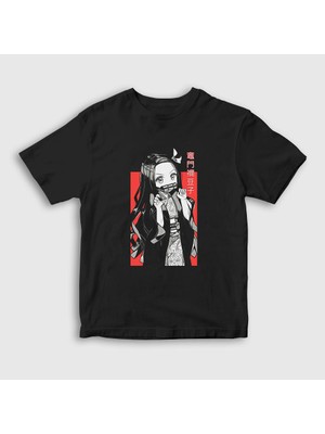Presmono Unisex Çocuk Siyah Nezuko Kamado V3 Anime Demon Slayer Kimetsu No Yaiba T-Shirt