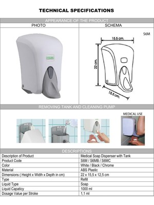 Şeker Portakalı Yayıncılık Vialli S6M Hazneli Medikal Sıvı Sabun Bulaşık Deterjan Şampuan Duş Jeli Dezenfektan Dispenseri 1000 ml Beyaz