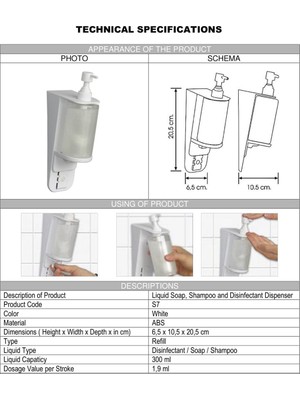 Şeker Portakalı Yayıncılık Vialli S7 Hazneli Sıvı Sabun Bulaşık Deterjan Şampuan Duş Jeli Dezenfektan Dispenseri 300 ml Şeffaf