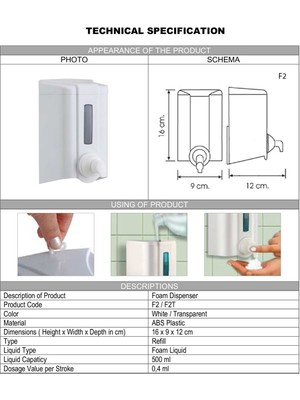 Şeker Portakalı Yayıncılık Vialli F2 Hazneli Köpük Sabun Dispenseri Aparatı 500 ml Beyaz