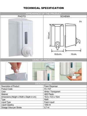 Şeker Portakalı Yayıncılık Vialli F4 Hazneli Köpük Sabun Dispenseri Aparatı 1000 ml Beyaz