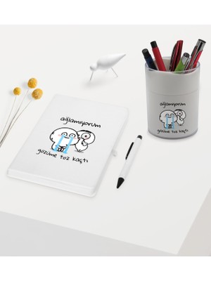 Bk Gift Gözüme Toz Kaçtı Tasarımlı Beyaz Defter Kalem ve Kalemlik Hediye Seti - Model 1