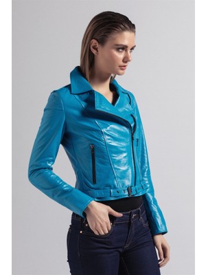 Deriderim Mavi Ella Kadın Deri Ceket