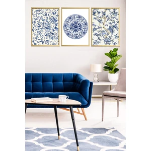 Üçlü Gold Alüminyum Metal Çerçeveli Camlı Blue Blanc Desenli Poster Tablo Seti