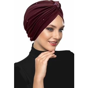 Fidan Bone Kristal Tüllü Astarlı Bordo Hazır Türban Tesettür Abiye Bone