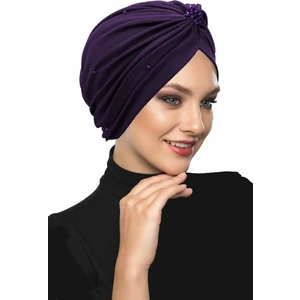 Fidan Bone Kristal Tüllü Astarlı Mor Hazır Türban Tesettür Abiye Bone