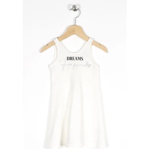 Yuvarlak Yaka Sıfır Kol Dream Baskılı - Beyaz Renk Kız Çocuk Elbıse