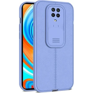 Xiaomi Redmi Note 9 Pro Kılıf Kamera Sürgülü Deri Dokulu Mat Silikon Mor
