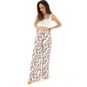 Bol Paça Renkli Baskı Keten Pantolon - Mint Yeşili