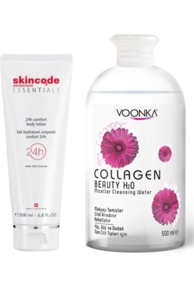 Skincode Voonka Collagen Micellar Temizleme Suyu 500ML+SKINCODE 24H Comfort Rahatlatıcı Vücut Losyonu 200 ml