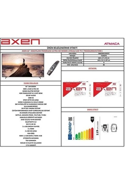 Axen AX65FIL240 65" 164 Ekran Uydu Alıcılı 4K Ultra HD WebOS LED TV