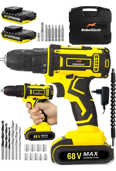Rebellisch Germany 68 V 10 Ah Great Tool Series Darbeli Metal Şanzıman Çift Akülü Vidalama Matkap + 27 Parça Setli