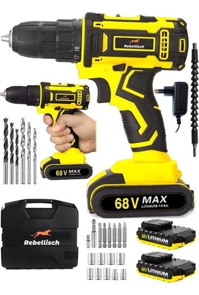 Rebellisch Germany 68 V 10 Ah Great Tool Series Darbeli Metal Şanzıman Çift Akülü Vidalama Matkap + 27 Parça Setli
