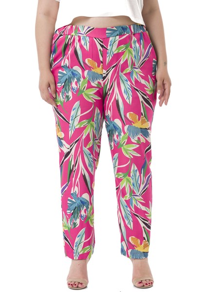Büyük Beden Beli Yan ve Arkadan Lastikli Cepli Yaprak Baskılı Fuşya Pantolon