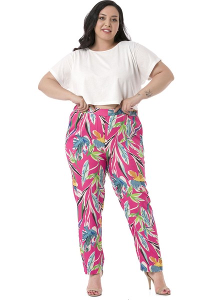 Büyük Beden Beli Yan ve Arkadan Lastikli Cepli Yaprak Baskılı Fuşya Pantolon fiyatları