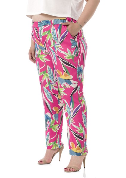Büyük Beden Beli Yan ve Arkadan Lastikli Cepli Yaprak Baskılı Fuşya Pantolon fırsatları